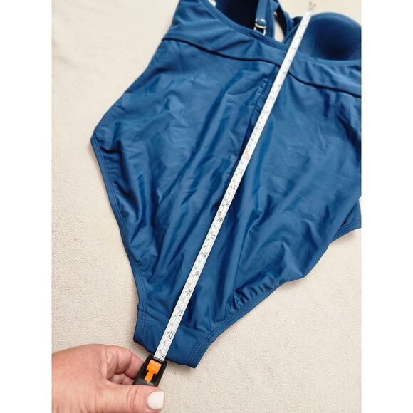 NEW Sz 18 Shade & Shore Teal Blue Braided Shoulder Ruched One Piece Swimsuit - Picture 10 of 12